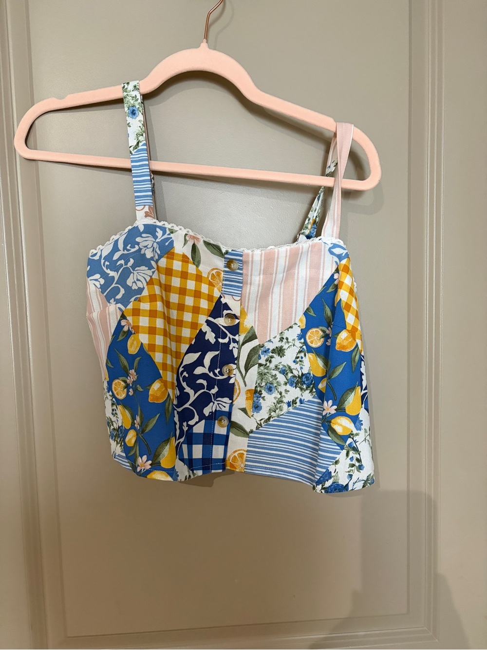 Vici Patchwork Lemon & Floral Cami in Blue, Yellow & Pink